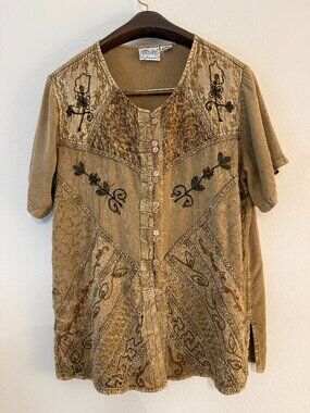 PRICE FIRM Vintage Y2K Speed Limit Brown Boho Relaxed Button Down Plus Size 2X